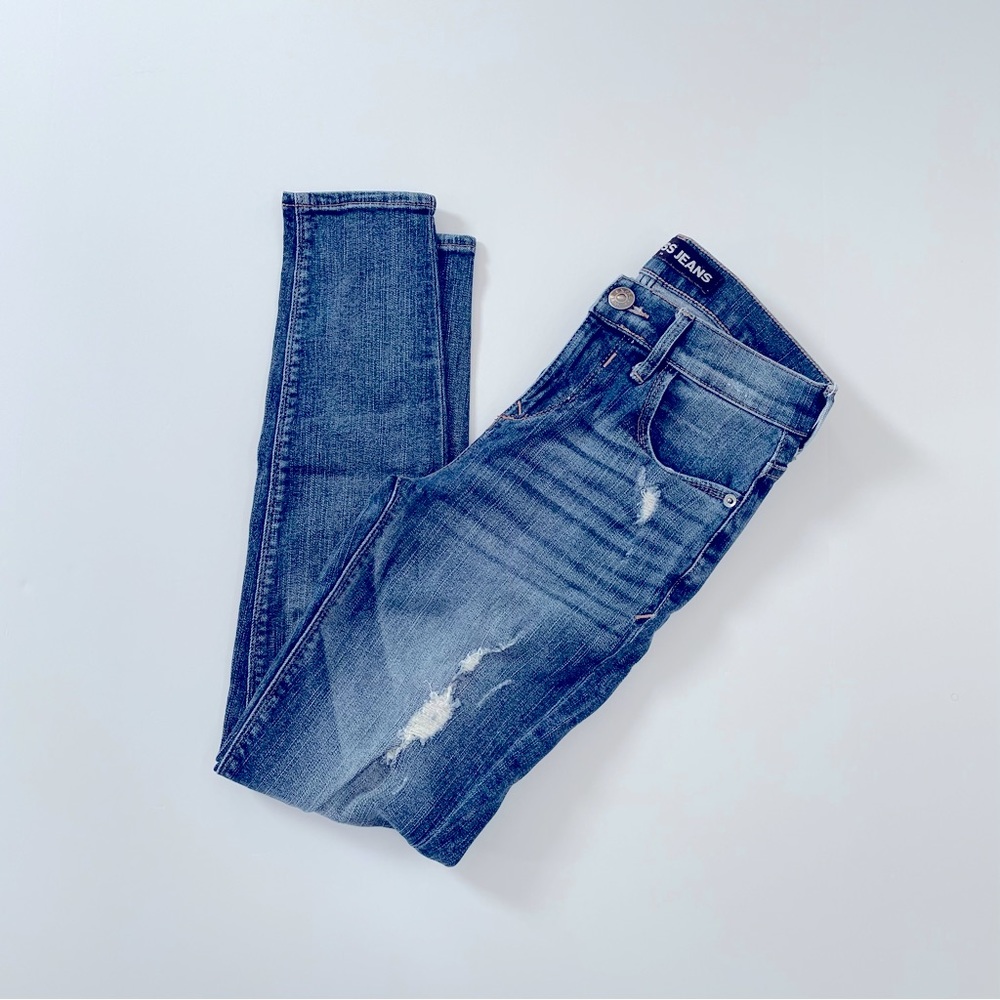 Express distressed mid rise jeans